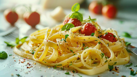 Spaghetti pasta with cherry tomatoes, basil and parmesan cheeseの素材