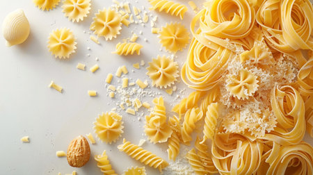 Different types of pasta on white background, top view. Dry pastaの素材