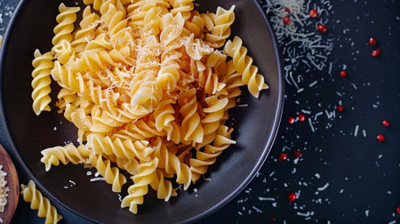Pasta fusilli in a black plate on a dark backgroundの素材