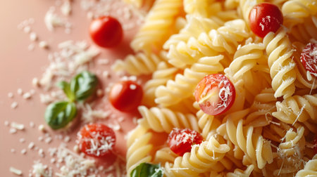 Pasta with cherry tomatoes and parmesan on pink background, closeupの素材