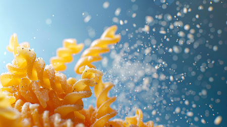Fusilli pasta flying in the air with splashes of waterの素材
