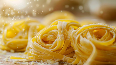 Close up of uncooked pasta on wooden table with flour and bokehの素材