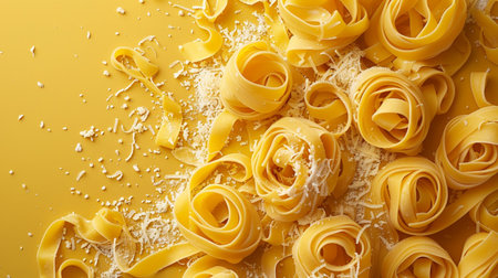 Raw pasta with flour on yellow background, top view. Space for textの素材