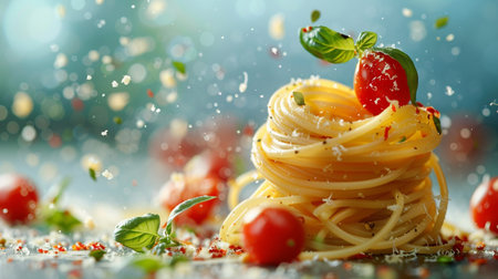 Spaghetti with cherry tomatoes and fresh basil on a blue background.の素材