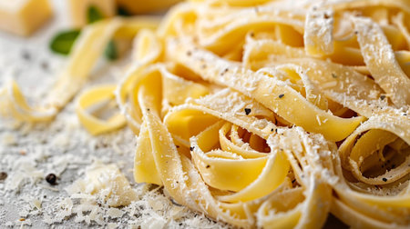 closeup of a portion of tagliatelle pasta with parmesanの素材