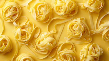 Close up of uncooked tagliatelle pasta on yellow backgroundの素材