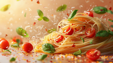 Spaghetti with cherry tomatoes and fresh basil on light background, closeupの素材