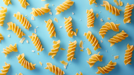 Uncooked pasta on blue background, top view. Dry pasta patternの素材