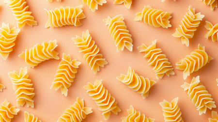 Pasta background. Dry uncooked pasta on orange background. Top view.の素材
