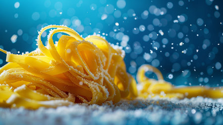 Close up of uncooked pasta on blue background with falling snow.の素材