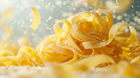 Fettuccine pasta with falling flour on light background, closeupの素材