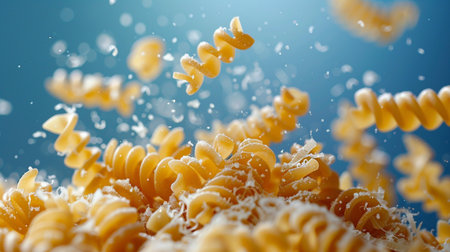 Fusilli pasta falling into the air with splashes of waterの素材