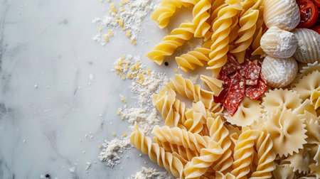 Variety of types and shapes of Italian pasta. Dry pasta backgroundの素材