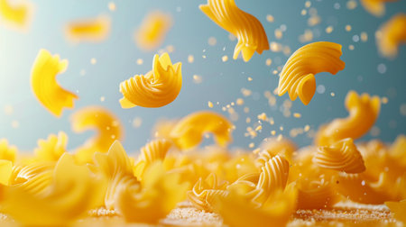 Falling yellow pasta on blue background. Concept of food and drinkの素材