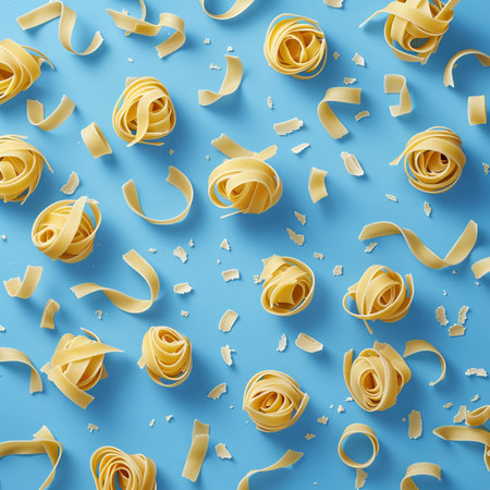 Seamless pattern of pasta on blue background. Top view.の素材