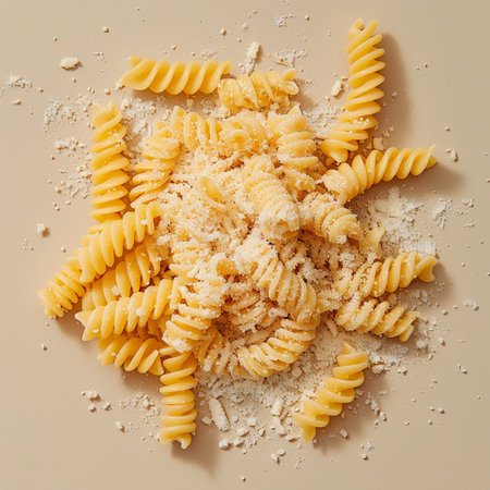 Fusilli pasta with flour on a light background, top viewの素材