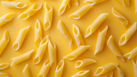 Pasta background. Dry pasta on yellow background. Top view.の素材