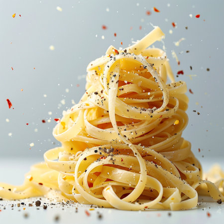 close up of tasty pasta with splashes on grey background, foodの素材