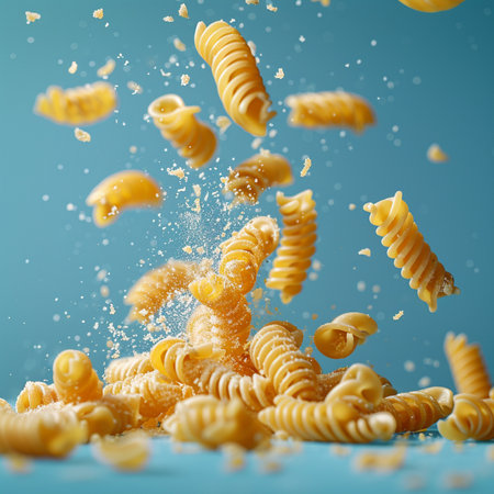 Falling pasta on blue background. Flying macaroni. 3d renderingの素材