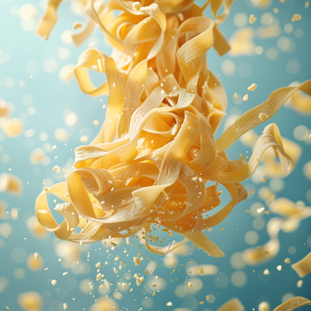 Falling pasta with splashes on blue background. 3d renderingの素材