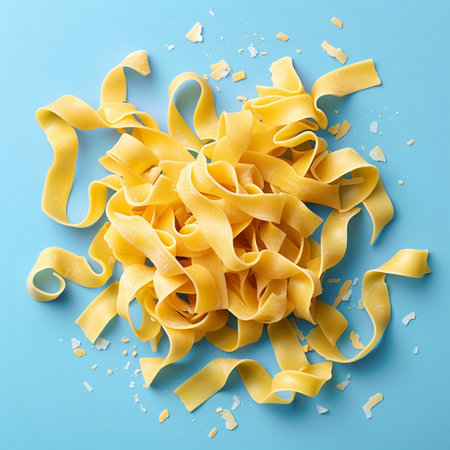 Uncooked italian pasta on blue background, top view. Dry pastaの素材