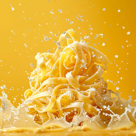 Fettuccine pasta with splashes of milk on yellow backgroundの素材