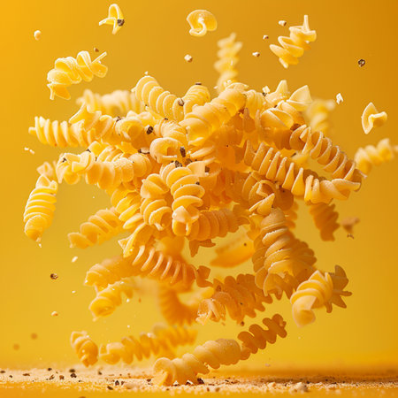 close-up of flying italian pasta fusilli on yellow backgroundの素材