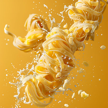 close up of a italian pasta with splashes on yellow backgroundの素材