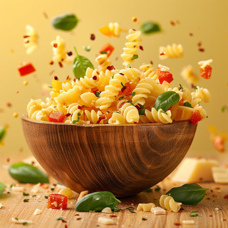 Pasta salad in a wooden bowl on a yellow background. Italian food.の素材