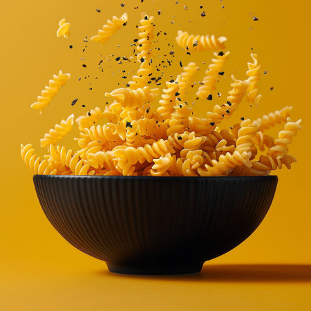Fusilli pasta in a black bowl on a yellow background.の素材