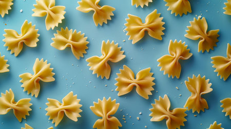 Pasta farfalle on blue background. Top view, flat layの素材