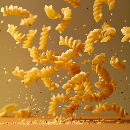 Falling fusilli pasta flying in the air on a yellow backgroundの素材