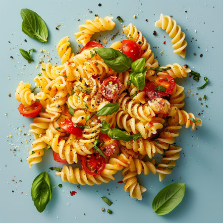 Fusilli pasta with cherry tomatoes, basil and parmesan cheese on blue background. Top view.の素材