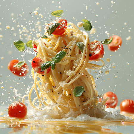 Spaghetti with cherry tomatoes, basil and parmesan on a light backgroundの素材