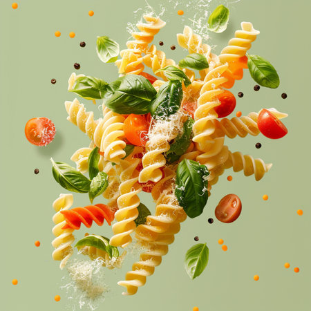 Fusilli pasta with tomato, basil and parmesan on green backgroundの素材