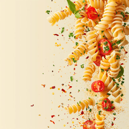 Pasta with cherry tomatoes, herbs and spices on a light backgroundの素材