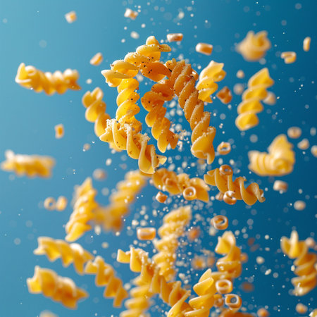 Falling pasta on blue background. Flying macaroni in motion.の素材