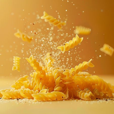 Falling italian pasta on yellow background. Dry fusilli.の素材