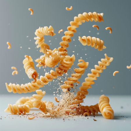 Falling spiral pasta isolated on grey background. Flying macaroniの素材