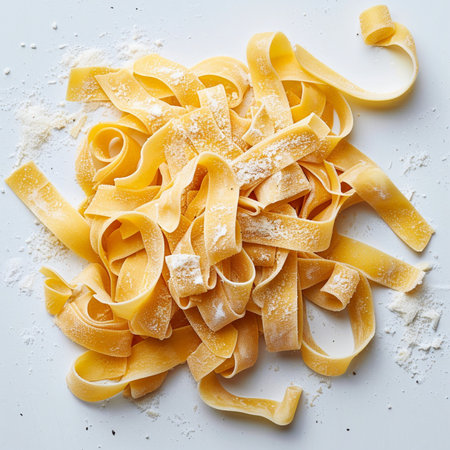 Italian pasta fettuccine nest with flour on a white backgroundの素材