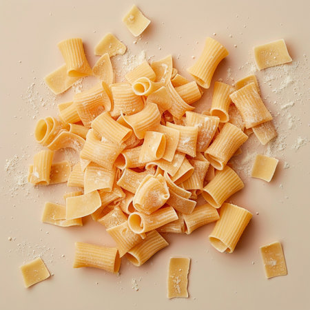 Pasta with cheese and flour on a light background, top viewの素材