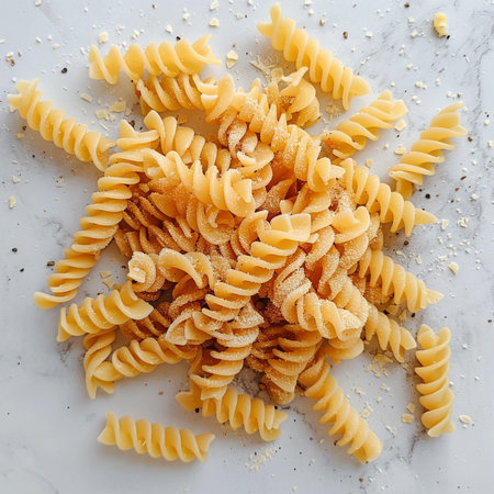 Uncooked fusilli pasta on white marble background, top viewの素材