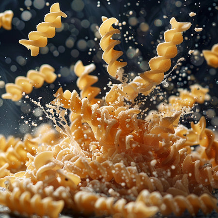 Fusilli pasta falling into the air with splashes of waterの素材