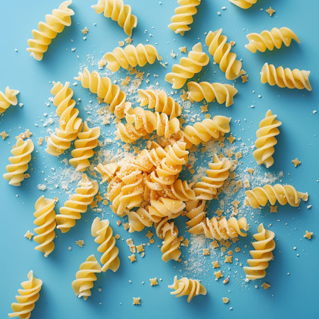 Italian pasta fusilli with flour on blue background, top viewの素材