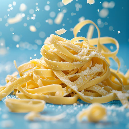 close-up of uncooked tagliatelle on blue backgroundの素材