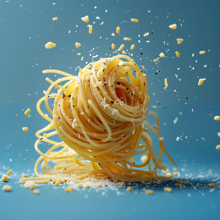 Spaghetti pasta falling with splashes on blue background, close upの素材
