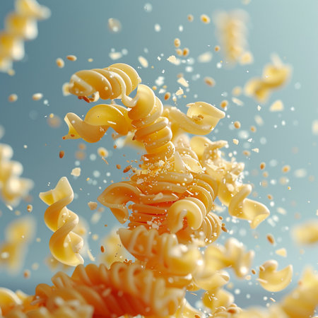 Macaroni falling into the air with a splash on a blue backgroundの素材