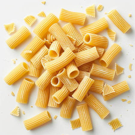 close-up of uncooked penne pasta on a white backgroundの素材