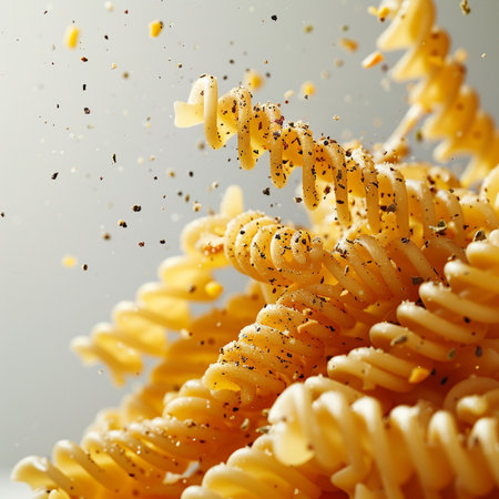 Fusilli pasta flying in the air on a grey background.の素材