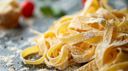 close up of italian tagliatelle pasta on a tableの素材